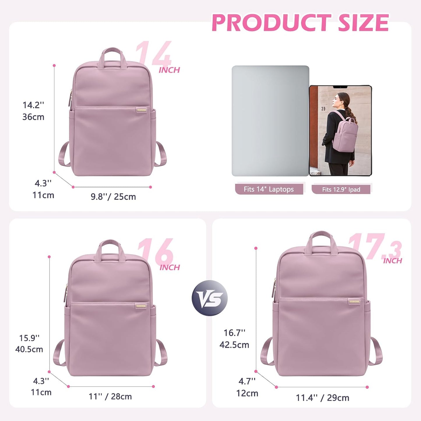 Slim Laptop Backpack for Women, Lightweight Business Backpack for Women Computer Bag Purse for Commuting, Fit 16 Inch, Pink Purple