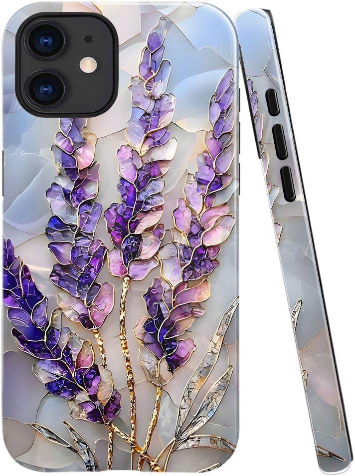 Case for iPhone 12 - Slim Fit Anti-Scratch Phone Case for Girl Women - Lavender Stained Glass Purple Floral (Glossy)