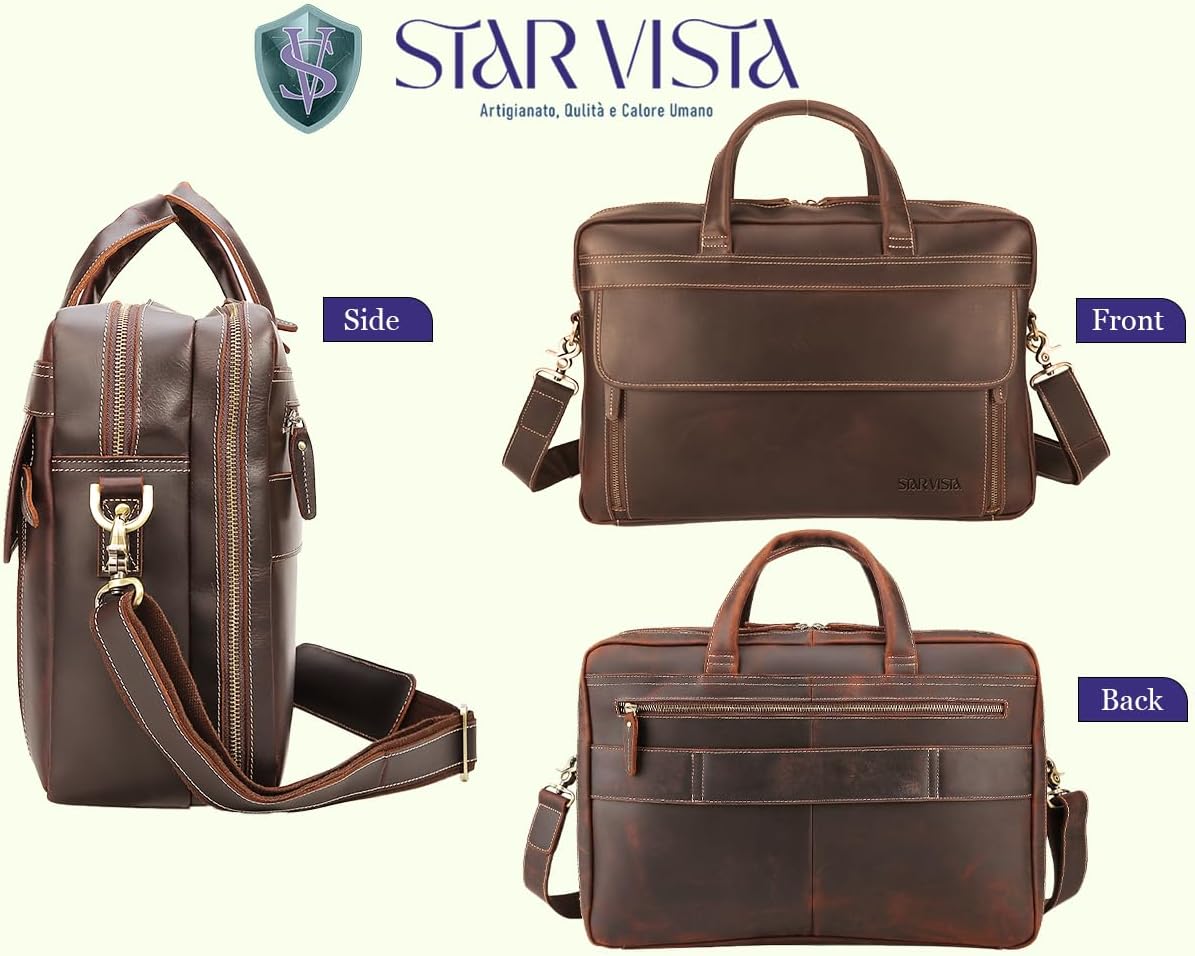 STAR VISTA Sforza Large 18" Laptop Messenger Bag, Leather Briefcase for Men, Business Travel, YKK Zippers and Brass Hardware