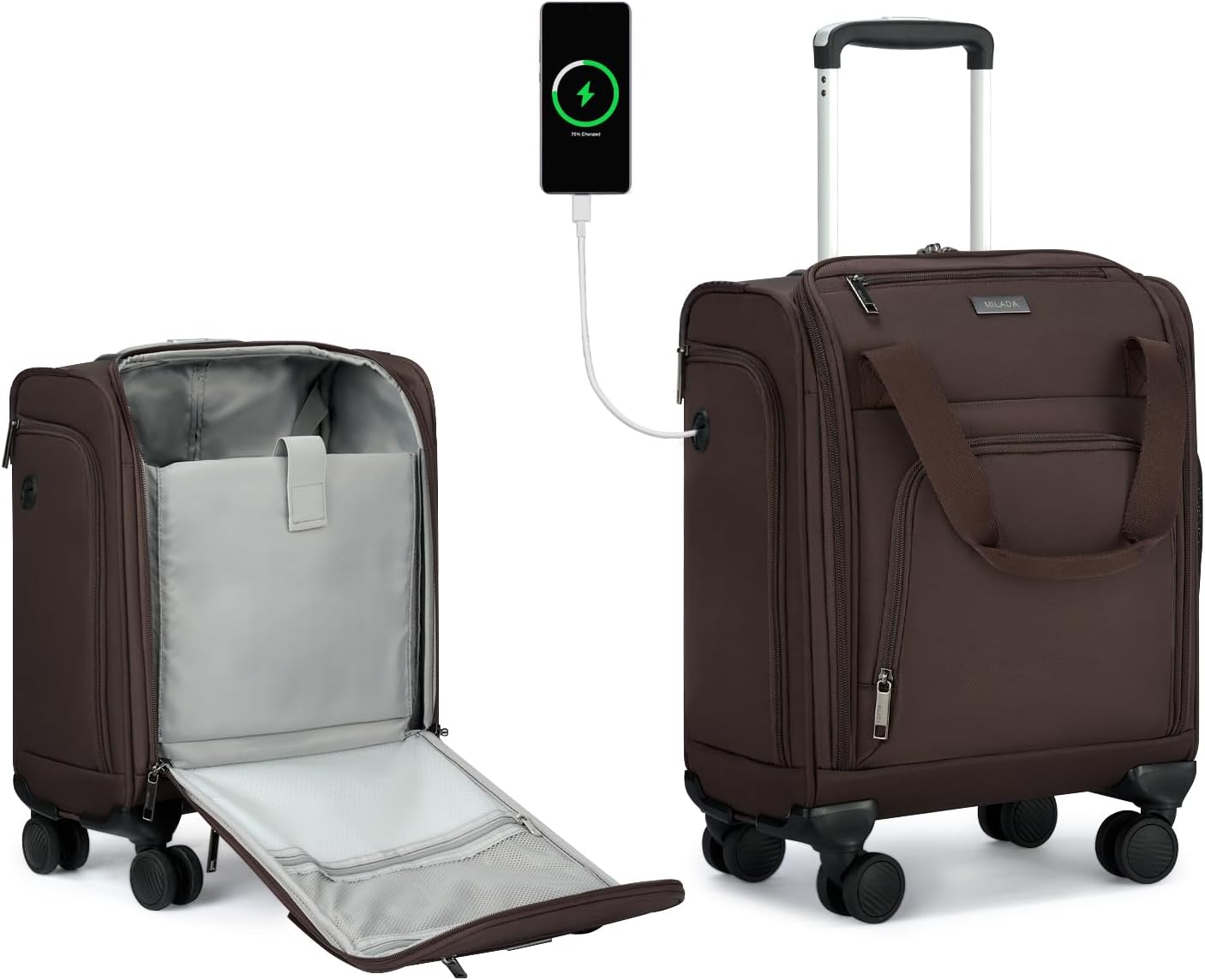 MILADA Carry On Luggage Airline Approved 16 Inch Underseat Small Suitcases with Wheels Softside Travel Luggage Personal Item Overnight Bag Business Mini Suitcase for Women and Men, Coffee