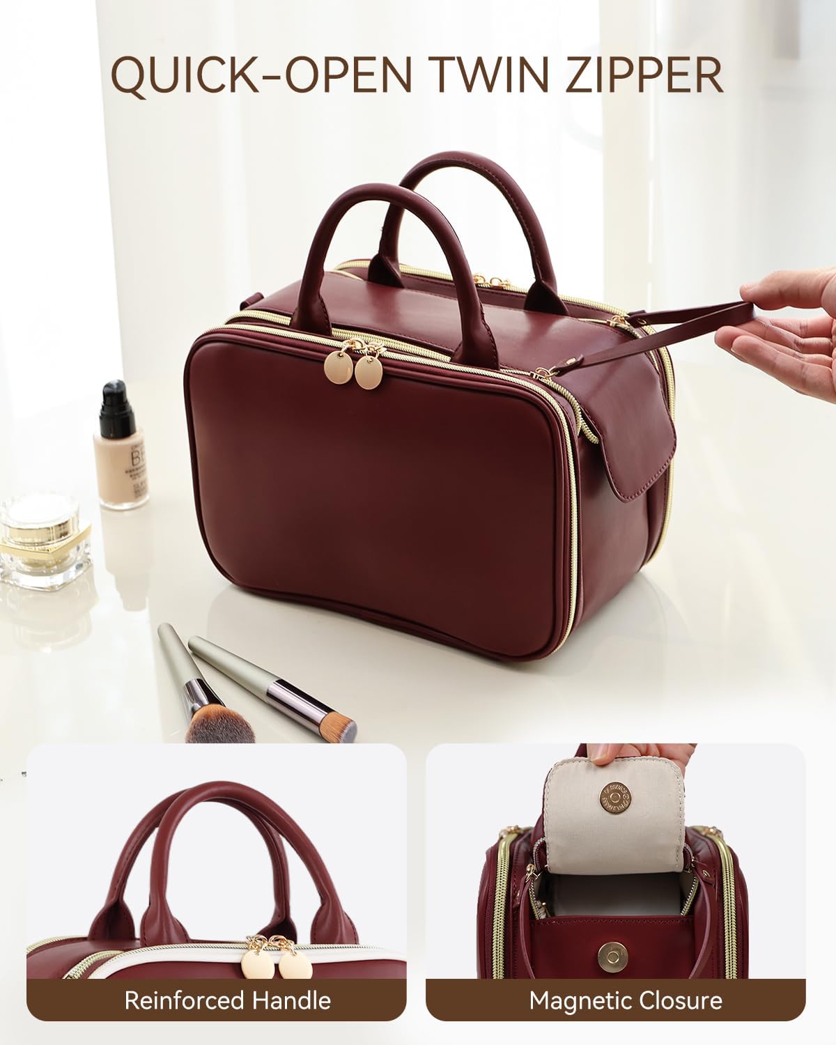 Prite Makeup Bag for Women, Large Capacity Waterproof Travel Cosmetic Organizer, Portable Open Flat Toiletry Bag with Free-standing Brush Holder and Handle (Burgundy Large)
