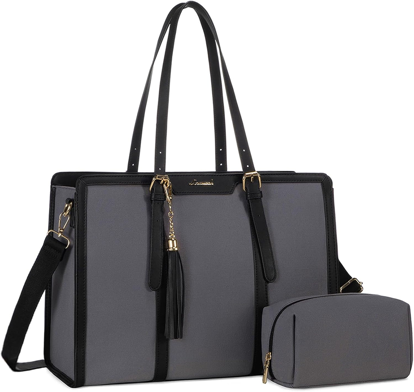 LOVEVOOK Laptop Bag for Women - 15.6 inch Lightweight Canvas Laptop Tote, Large Capacity Computer Bag with Clutch Purse for Business, Work, Travel, School (Iron Blue Grey & Black, 15.6 Inch)