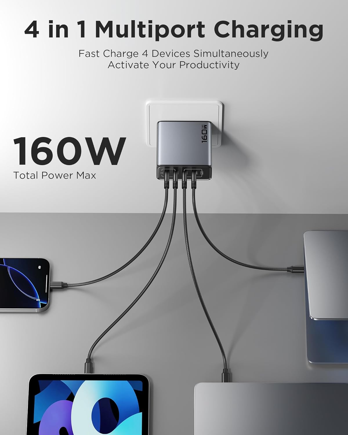 PISEN 160W USB C Charger - PD3.1 GaN Fast Charger USB C 4-Port Foldable Charging Block 160Watt Power Adapter with 6FT 240W Type-C Cable, 160W Charger for MacBook, Laptops, Samsung, iPad, iPhone Series