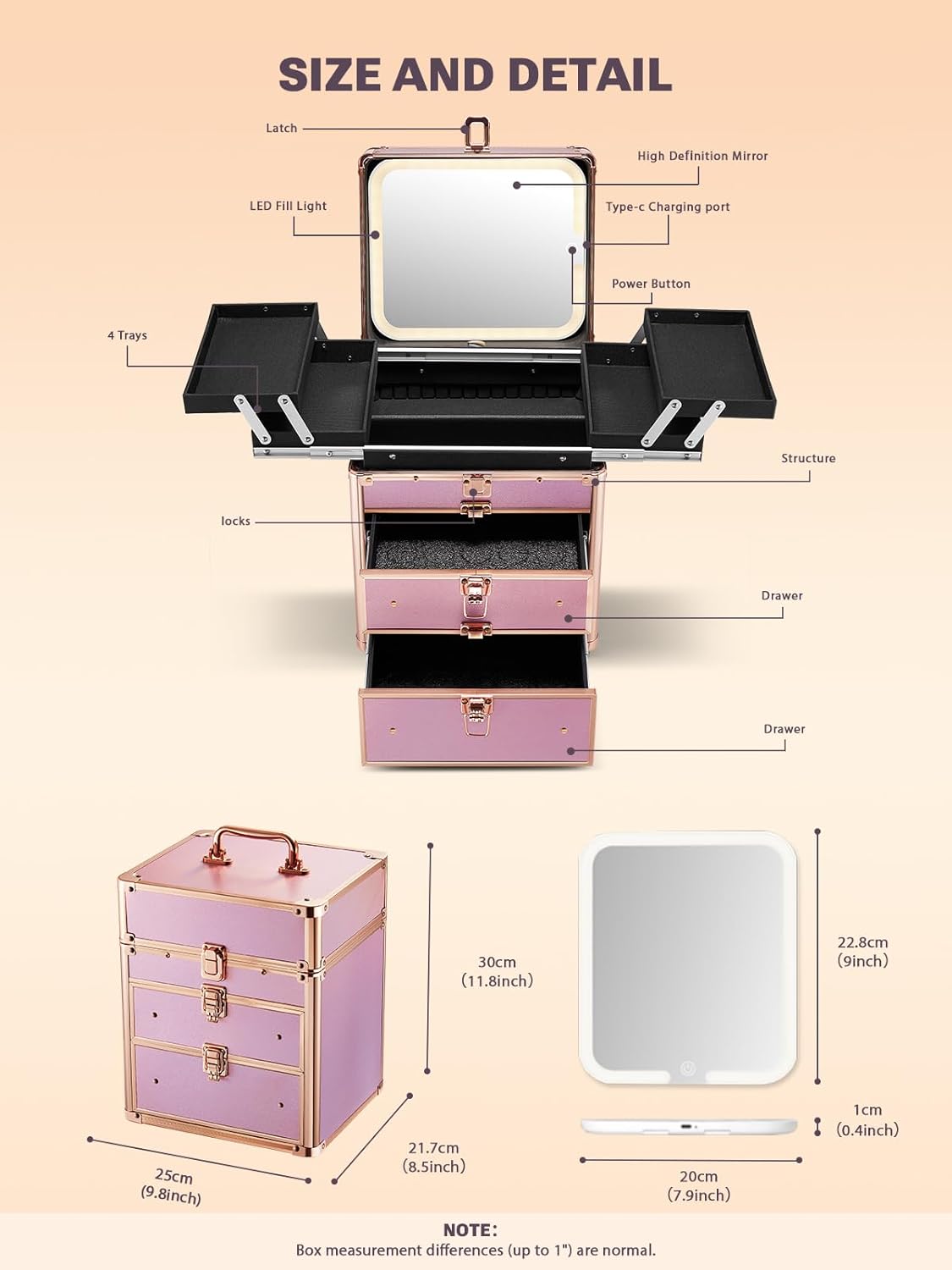 Qislee Makeup Box with Double Drawers and Four Trays, Detachable Lighted Mirror, Waterproof Travel Train Case, Cosmetic Organizer and Makeup Suitcase with Magnetic LED Mirror(Sparkling Gradient Pink)