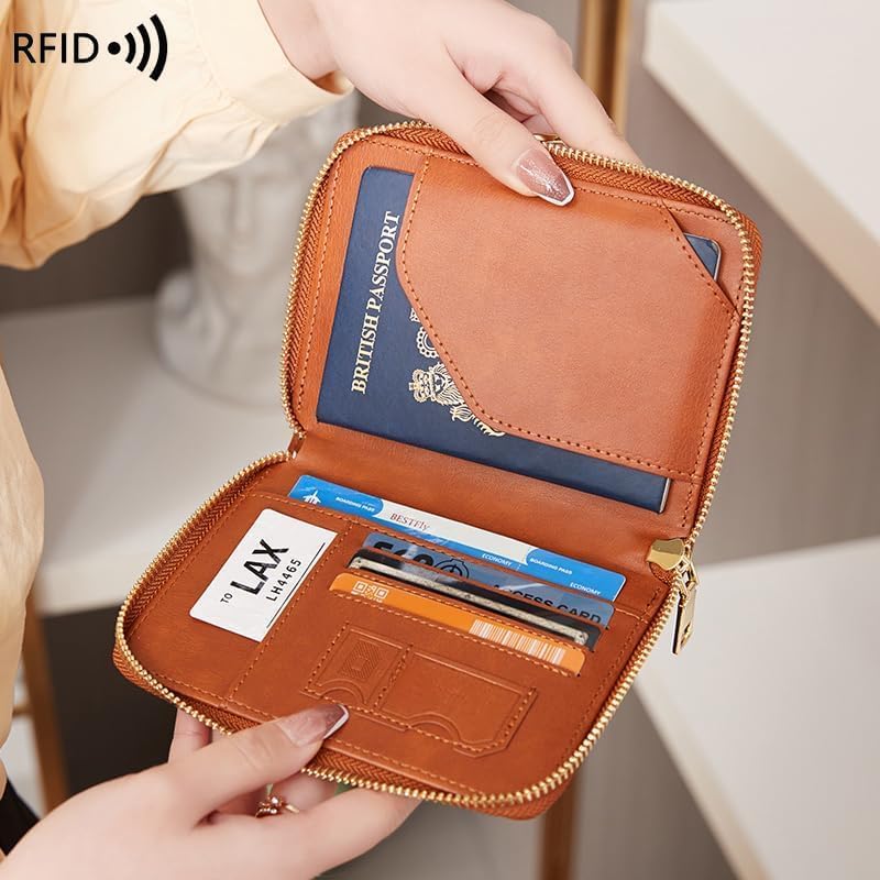 Genuine Leather Wallet Unisex Zipper Passport Holder RFID Blocking Waterproof - Vintage Travel Wallet (Brown)