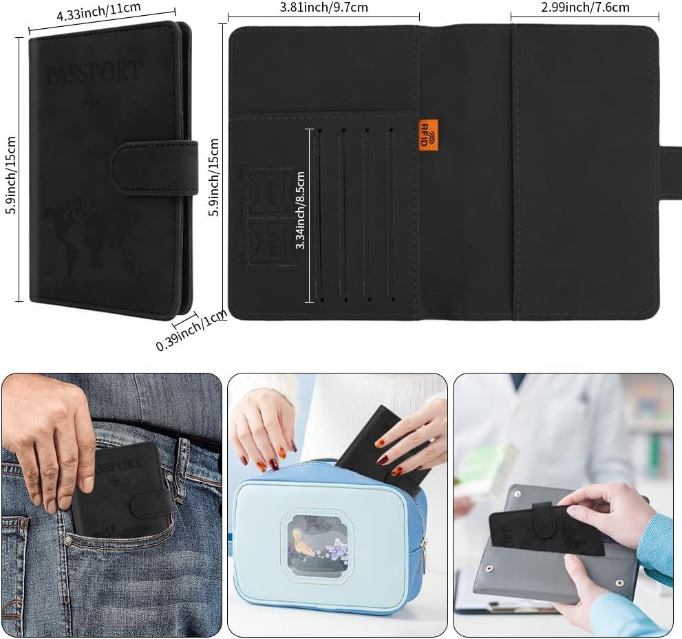 Passport Holder for Travel, Passport Cover Wallet, Premium PU Leather Passport Book Card Holder Case for Women Men, Waterproof RFID Blocking Flying Travelling Essentials Vacation Must Haves, Black