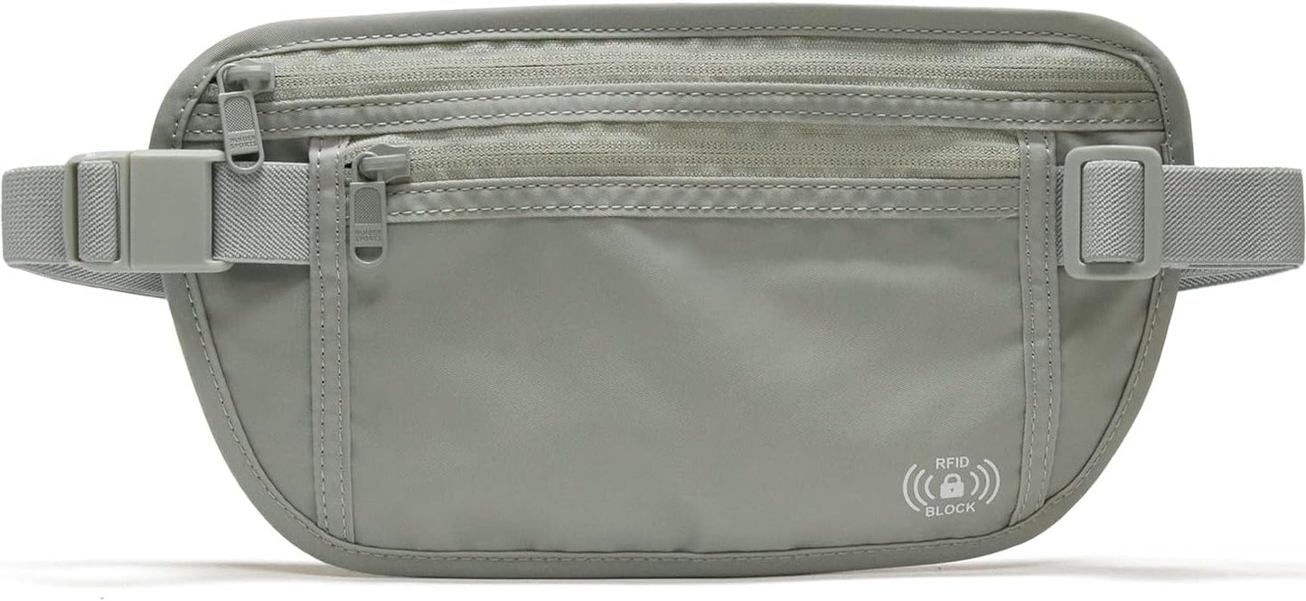 Pander RFID Blocking Travel Money Belt – Hidden Waist Pouch for Passport, Cash, Cards, Slim Belt Bag for Men and Women, Light Grey