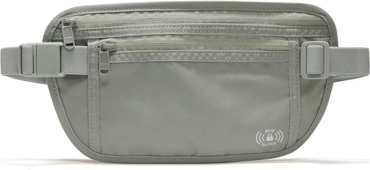 Pander RFID Blocking Travel Money Belt – Hidden Waist Pouch for Passport, Cash, Cards, Slim Belt Bag for Men and Women, Light Grey
