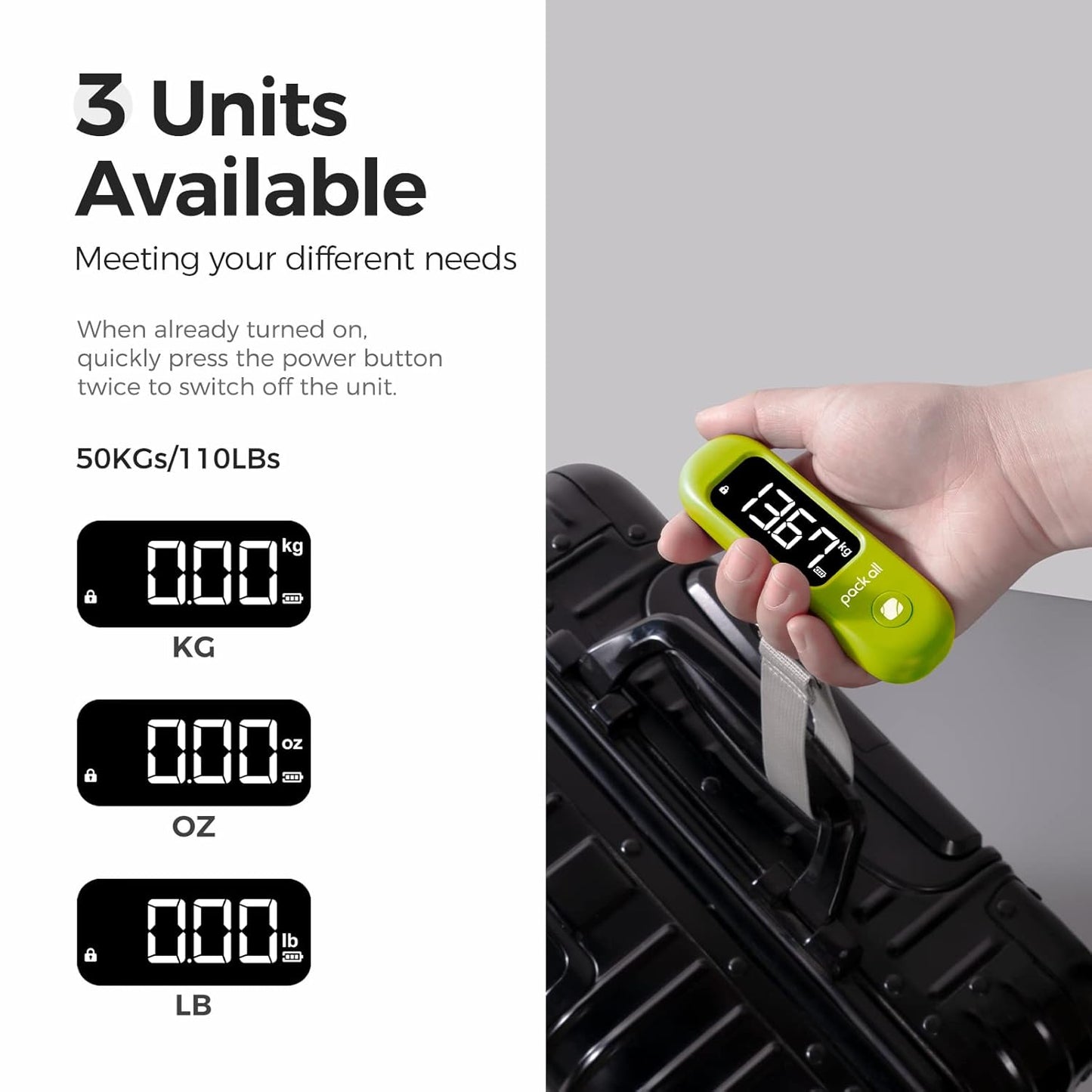 pack all 110 Lbs Luggage Scale, Digital Handheld Baggage Scale, Travel Suitcase Weight Scale with LCD Display, Battery Included, Apple Green