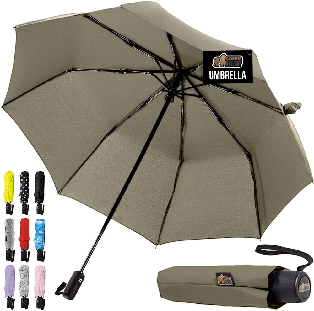 GORILLA GRIP Strong Windproof Stick Compact Umbrella for Rain, One-Click Automatic Open and Close, Durable Quick Dry Waterproof Material, Lightweight and Portable, Travel Size Fits Backpack, Beige