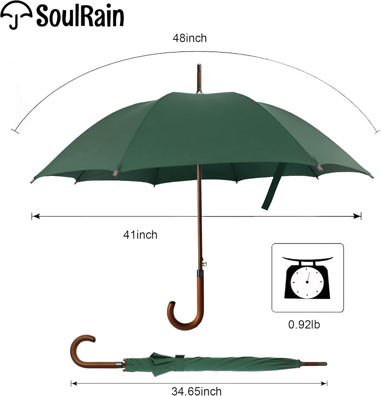 SoulRain 48" Large Umbrella –Windproof Stick Umbrellas for Rain, Automatic Open, Vintage Cane green Umbrella with Classic Wooden Handle & Shaft,for Women & Men(Green)