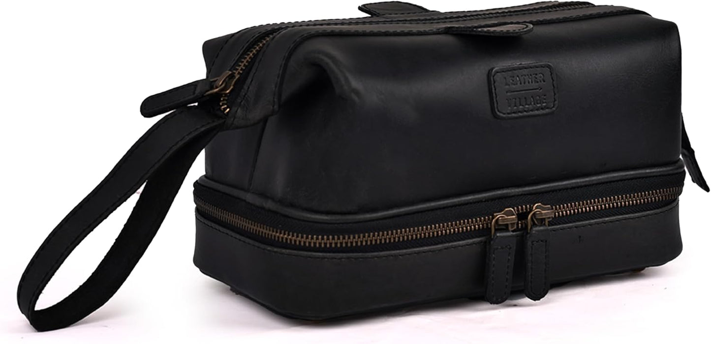LEATHER VILLAGE Genuine Leather Dopp Kit – Large Travel Toiletry Bag with Waterproof Lining, Dual-Zip Design for Men & Women, Organizer for Shaving, Makeup & Essentials - Black