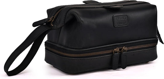 LEATHER VILLAGE Genuine Leather Dopp Kit – Large Travel Toiletry Bag with Waterproof Lining, Dual-Zip Design for Men & Women, Organizer for Shaving, Makeup & Essentials - Black