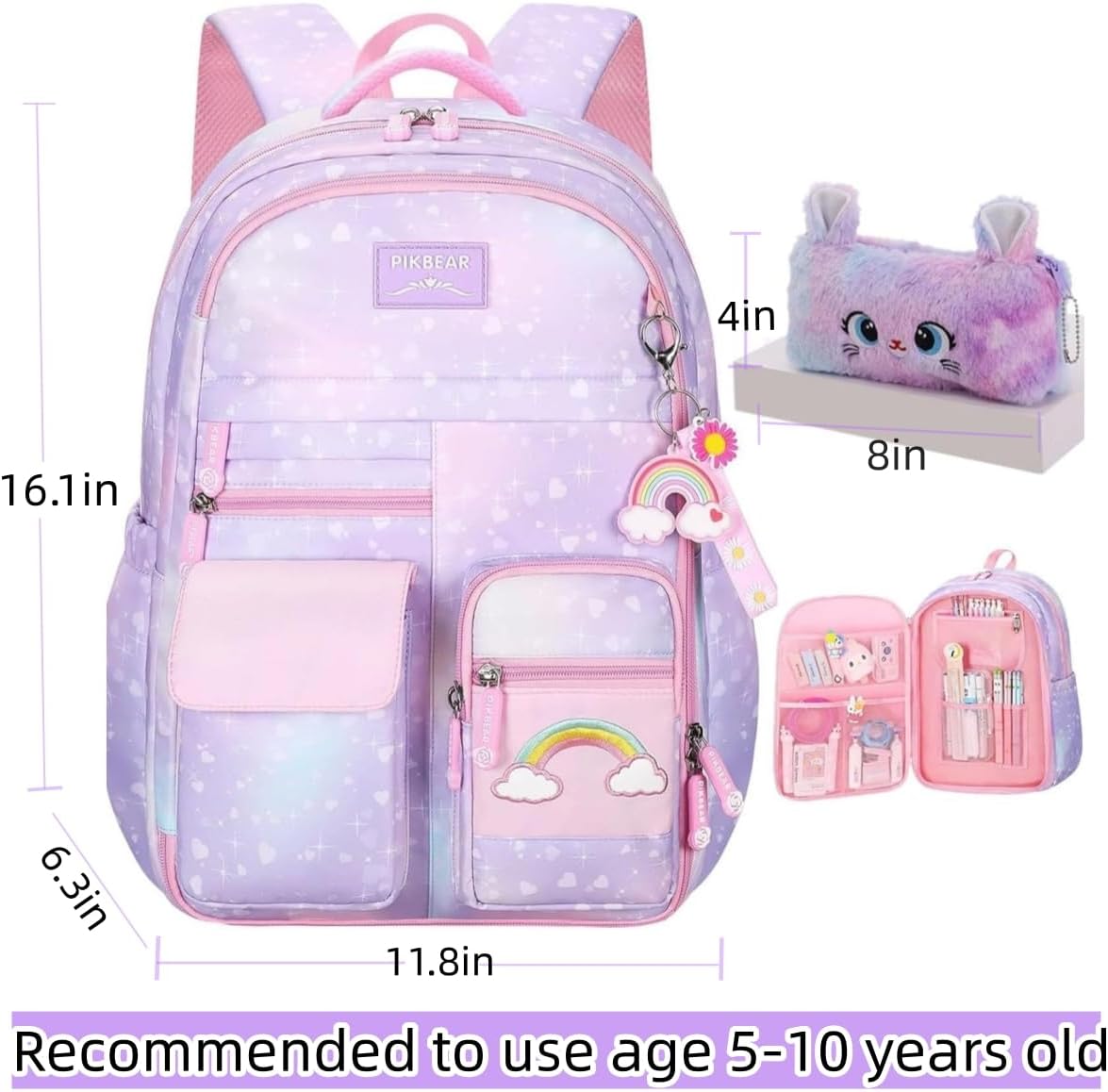 Girls Backpack, School Backpacks Rainbow,Kawaii Kids Backpack,Book Bag for Elementary Primary School With Pen Bag
