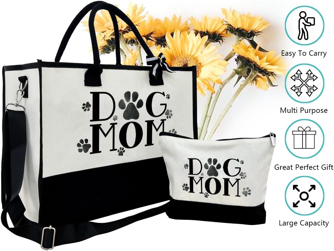 Dog Mom Tote Bag, Canvas Tote Bag for Women, Shoulder Beach Bag, Reusable Travel Beach Tote, Gifts for Dog Lovers and Pet Owners, Durable Everyday Handbag and Shopping Bag