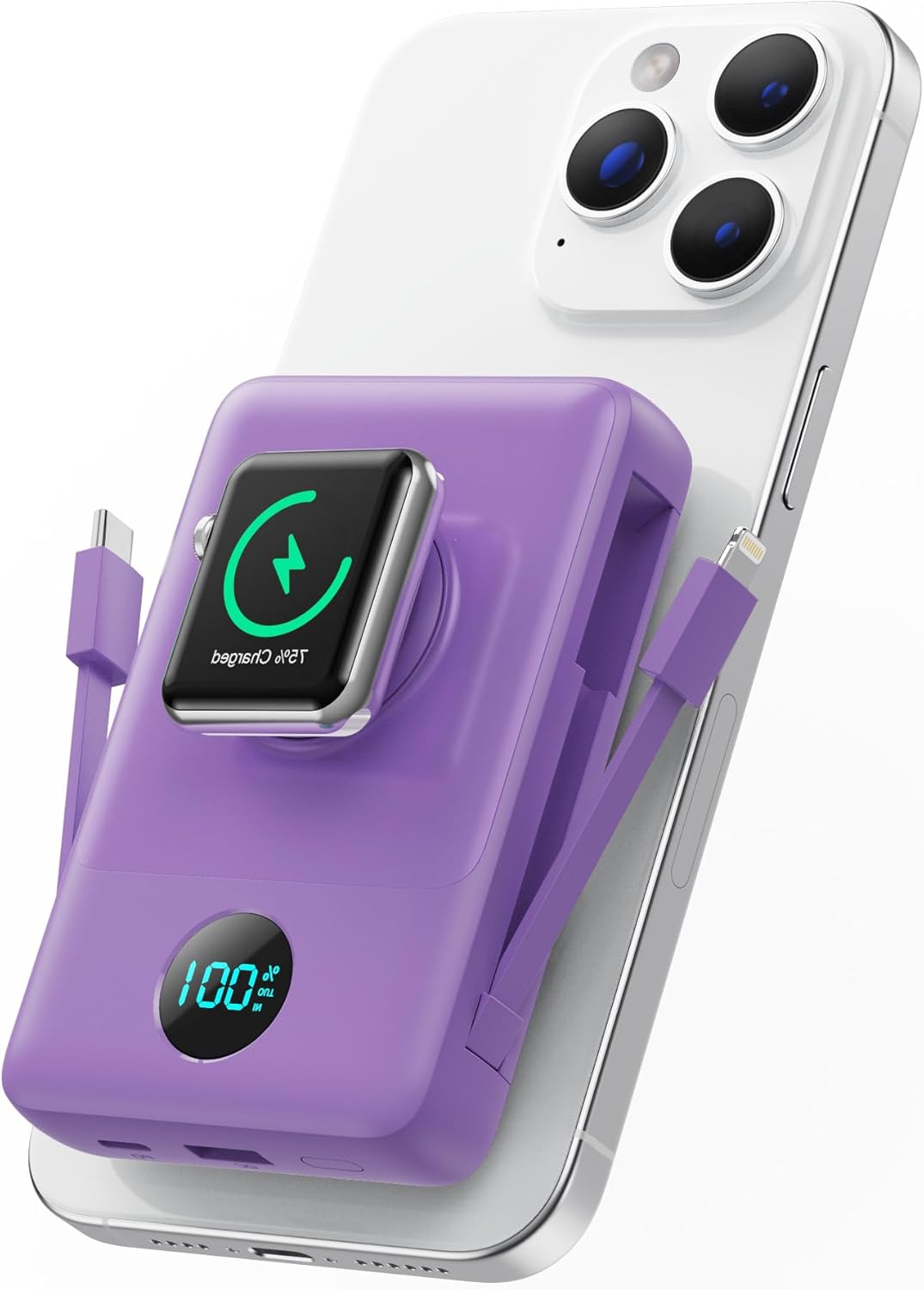 Magnetic Portable Charger for iPhone with Built-in Cables,6-in-1 10800mAh Power Bank with iWatch Charger & LCD Display,25W Fast Charging Battery Pack for iPhone 17/16/15/14/13/12,Apple Watch (Purple)