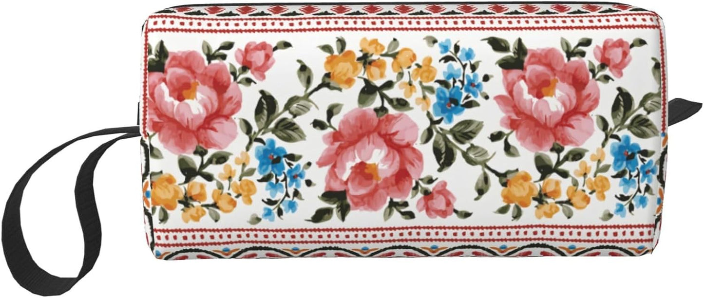 Vintage Floral Boho Makeup Bag Small Compact & Durable Travel Cosmetic Bag Wristlet Organizer Oxford Fabric Impact-Resistant Multi-Purpose Storage Perfect for Travel, Gym, Daily Use