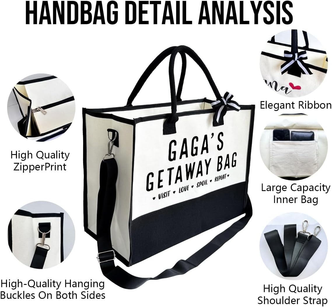 SUSZDOU GAGA Gift, GAGA's Getaway Bag, Canvas Beach Bag, Canvas Tote Bag for Women Picnic Shopping Holiday or Camping Tote, Fun Grandma Gift Idea, Birthday or Mother’s Day Present for Grandparents
