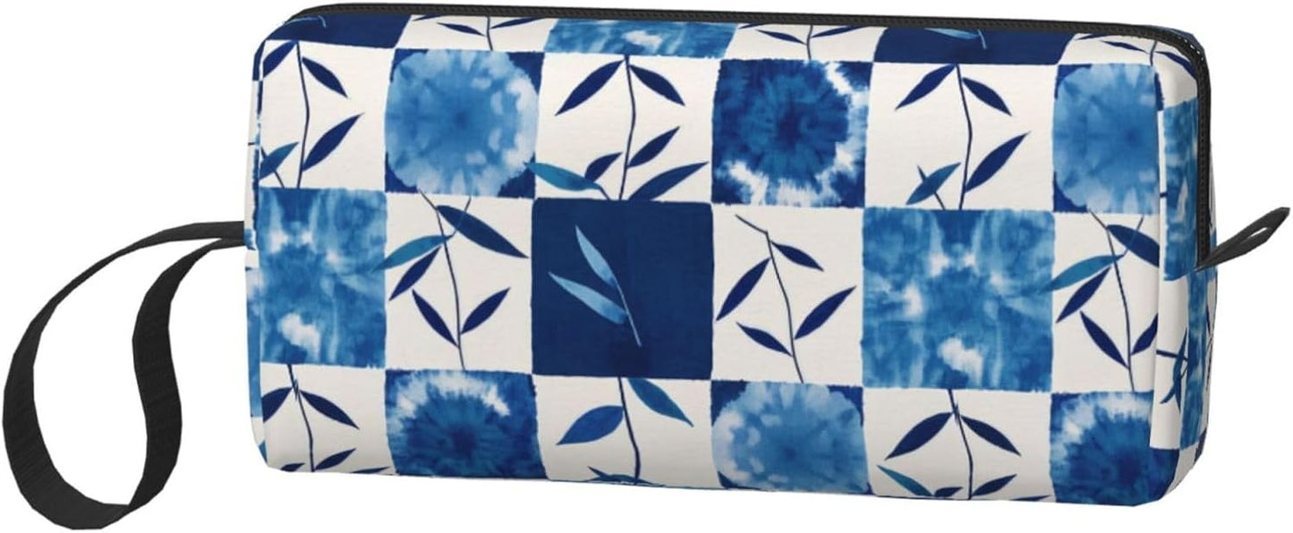 Blue And White Check Makeup Bag Small Compact Durable Travel Cosmetic Bag Organizer Oxford Fabric Multi-Purpose Storage Perfect for Travel, Gym, Daily Use