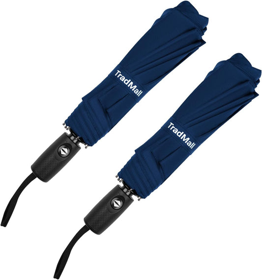 TradMall 2 Pack Travel Umbrella, Double Vented Canopy Windproof Automatic Strong Compact Folding Umbrellas for Rain Women and Men