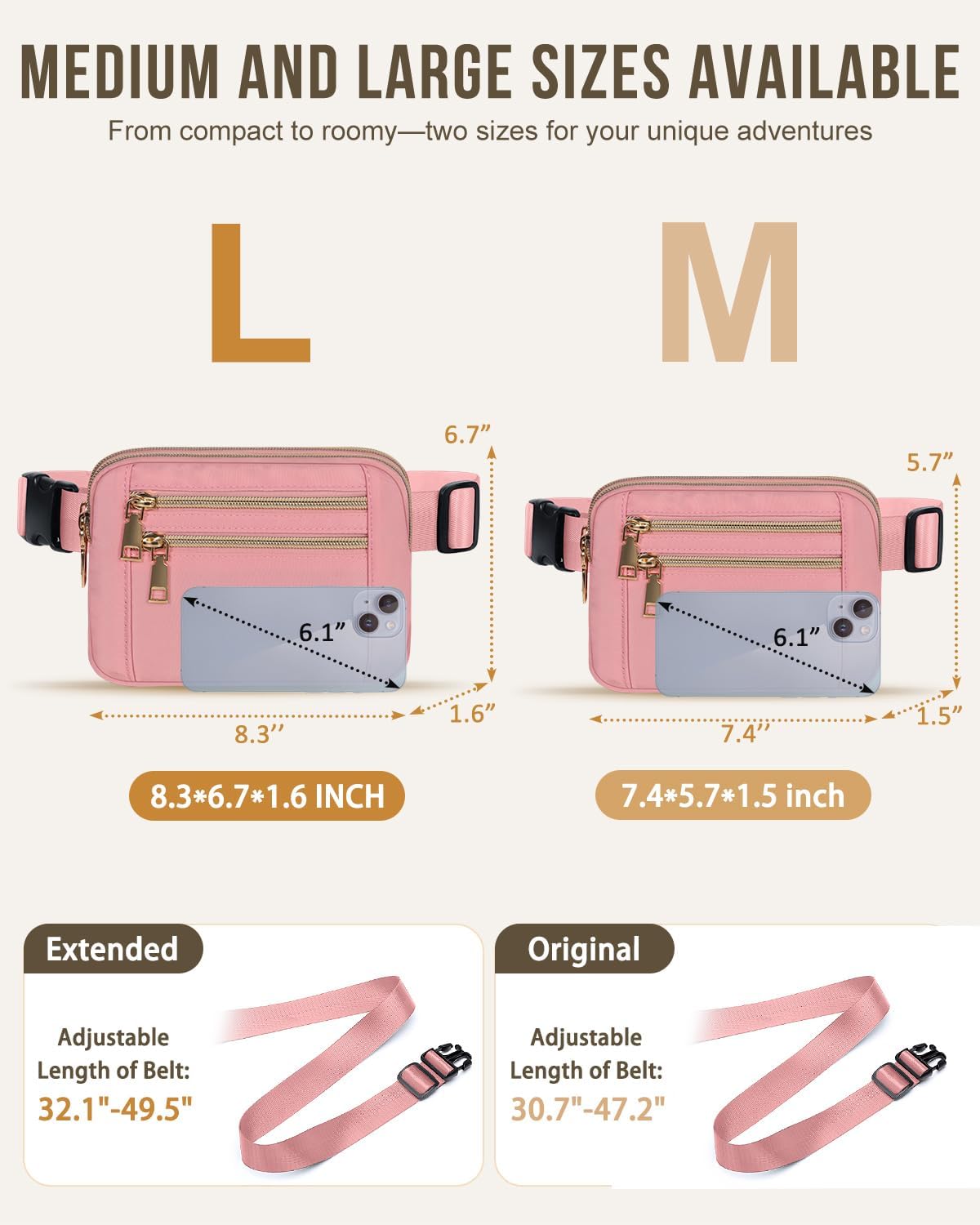 Capolo Fanny Packs for Women Fashion Waist Packs Bag with Adjustable Strap and 4 Zipper Pockets Waterproof Everywhere Crossbody Belt Bag for Workout Running Travelling(Pink, Large)