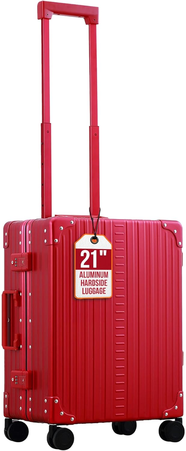Aleon All Aluminum Lightweight Carry-On Luggage - Hardside Carry-On Suitcase, TSA Approved, Hard Shell Suitcase for Travel, Airline Approved 21 Inch Hard Spinner Wheels Luggage (Ruby)