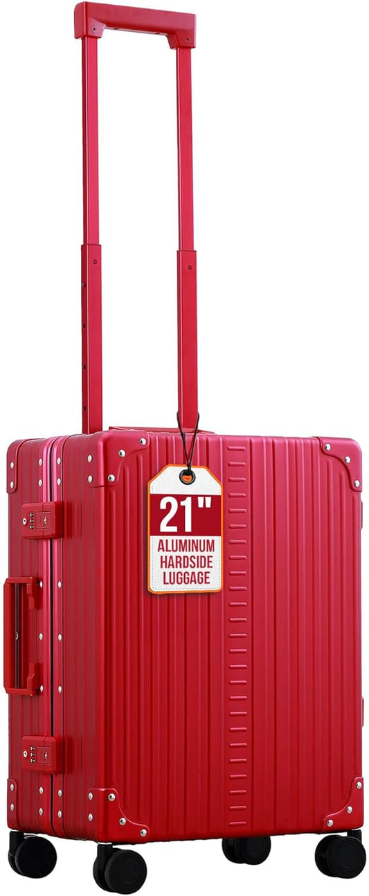 Aleon All Aluminum Lightweight Carry-On Luggage - Hardside Carry-On Suitcase, TSA Approved, Hard Shell Suitcase for Travel, Airline Approved 21 Inch Hard Spinner Wheels Luggage (Ruby)