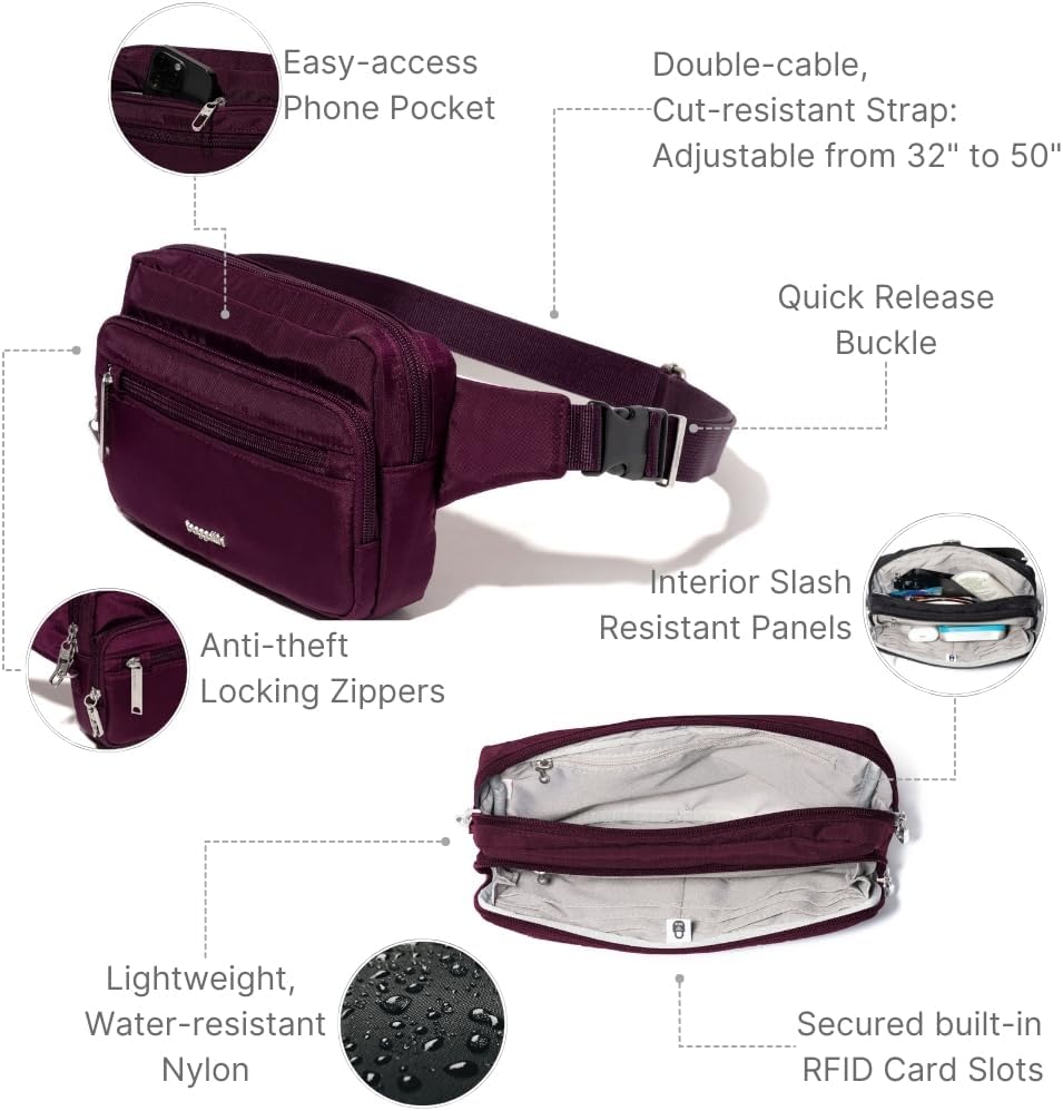 Baggallini Securtex Anti-Theft Belt Fanny Pack for Women RFID Wallet Locking Zipper-Travel Bag Crossbody Purse