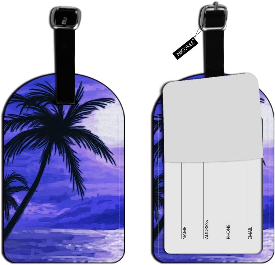 Palm Trees and Sunset Purple-Beach Tropical Ocean Luggage Tags ID Leather Travel Bag Labels Baggage