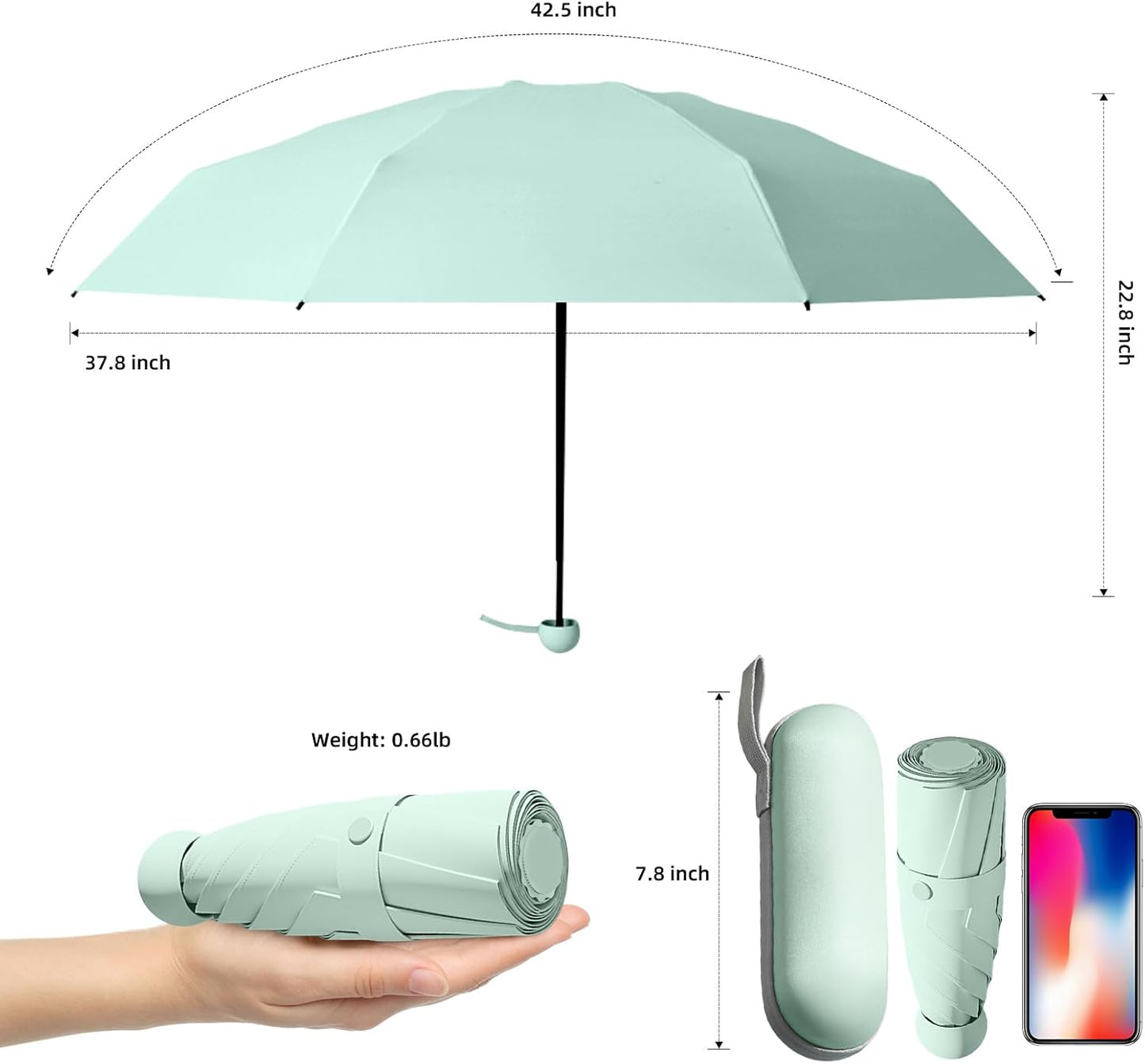 Travel Mini Folding Compact Umbrella with Case, 8 Ribs Lightweight Portable, Small Sun & Rain