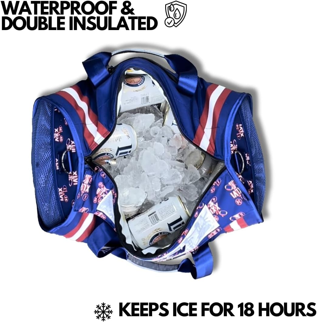 Varsity Cooler New York Travel Party Duffel & Cooler – 30 Can Leakproof Insulated Tote Bag, Waterproof Soft compartment for Tailgating, Golf, Beach, Carry-On Luggage & Outdoor Sports