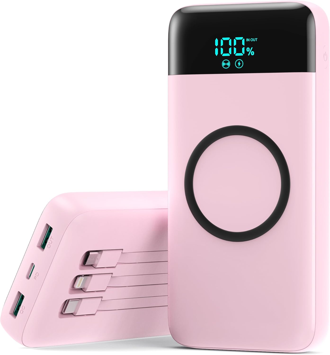 Wireless Portable Charger 40800mAh for iPhone with 3 Built-in Cables,7-in-1 15W Wireless Charging USB C Power Bank,25W PD Fast Charging Travel Essential Battery Pack for iPhone 17/16/15,Android-Pink