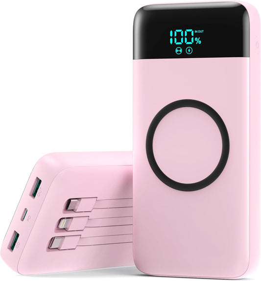 Wireless Portable Charger 40800mAh for iPhone with 3 Built-in Cables,7-in-1 15W Wireless Charging USB C Power Bank,25W PD Fast Charging Travel Essential Battery Pack for iPhone 17/16/15,Android-Pink