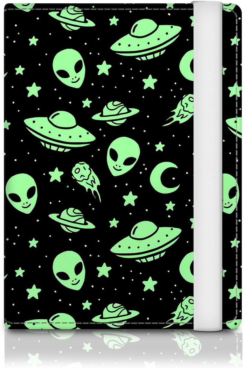 Passport Holder for Travel Essentials, RFID Premium Leather Passport Wallet Cover Case for Travel Must Haves Accessories, Passport Book Holders for Women Men Green Aliens
