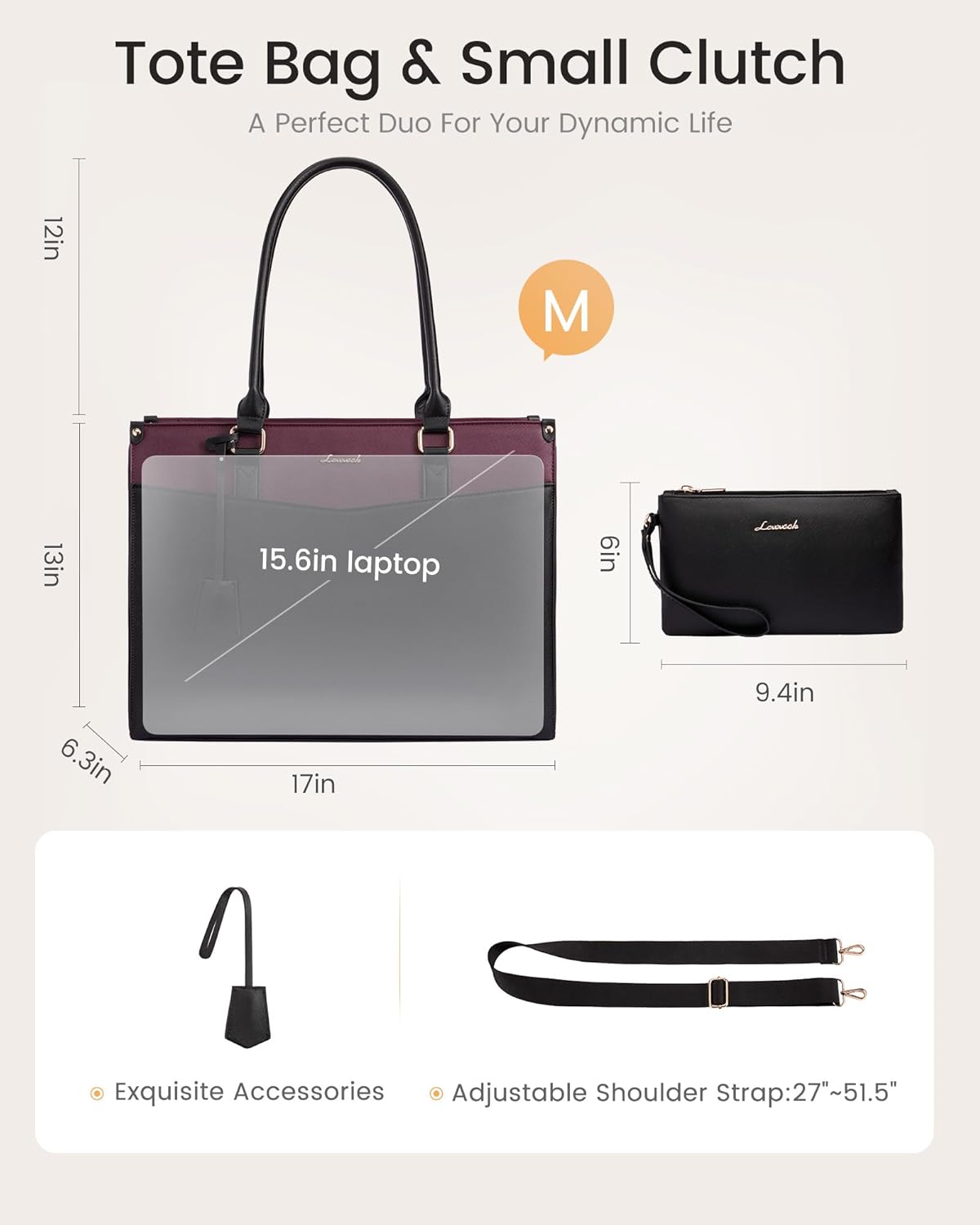 LOVEVOOK Laptop Bag for Women, 2-in-1 Tote Purse with Clutch & Cup Holder, Waterproof Briefcase for Work Travel