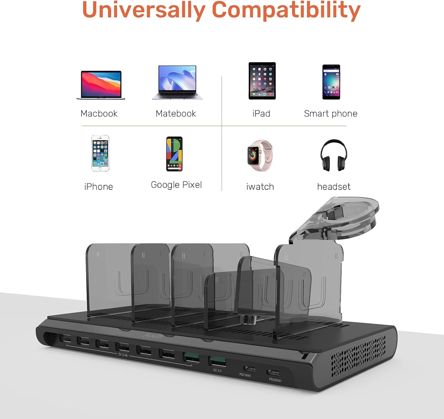 Alxum 120w 10 Port Charging Cradle with 6 USB-A Chargers 2 Qc3.0 2 PD 18W Fast Charging with Watch Stand Suitable for A Wide Range of Devices with Overvoltage, Overcurrent, and Overcharge Protection