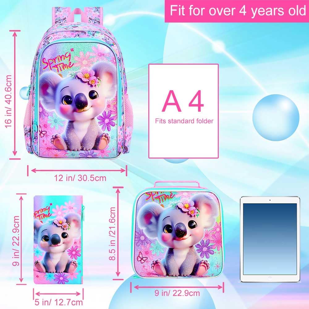 3PCS Girls Koala Backpack, Water Resistant Kids Bookbag with Lunch Box, 16" Preschool Backpacks for Elementary - Koala Pink