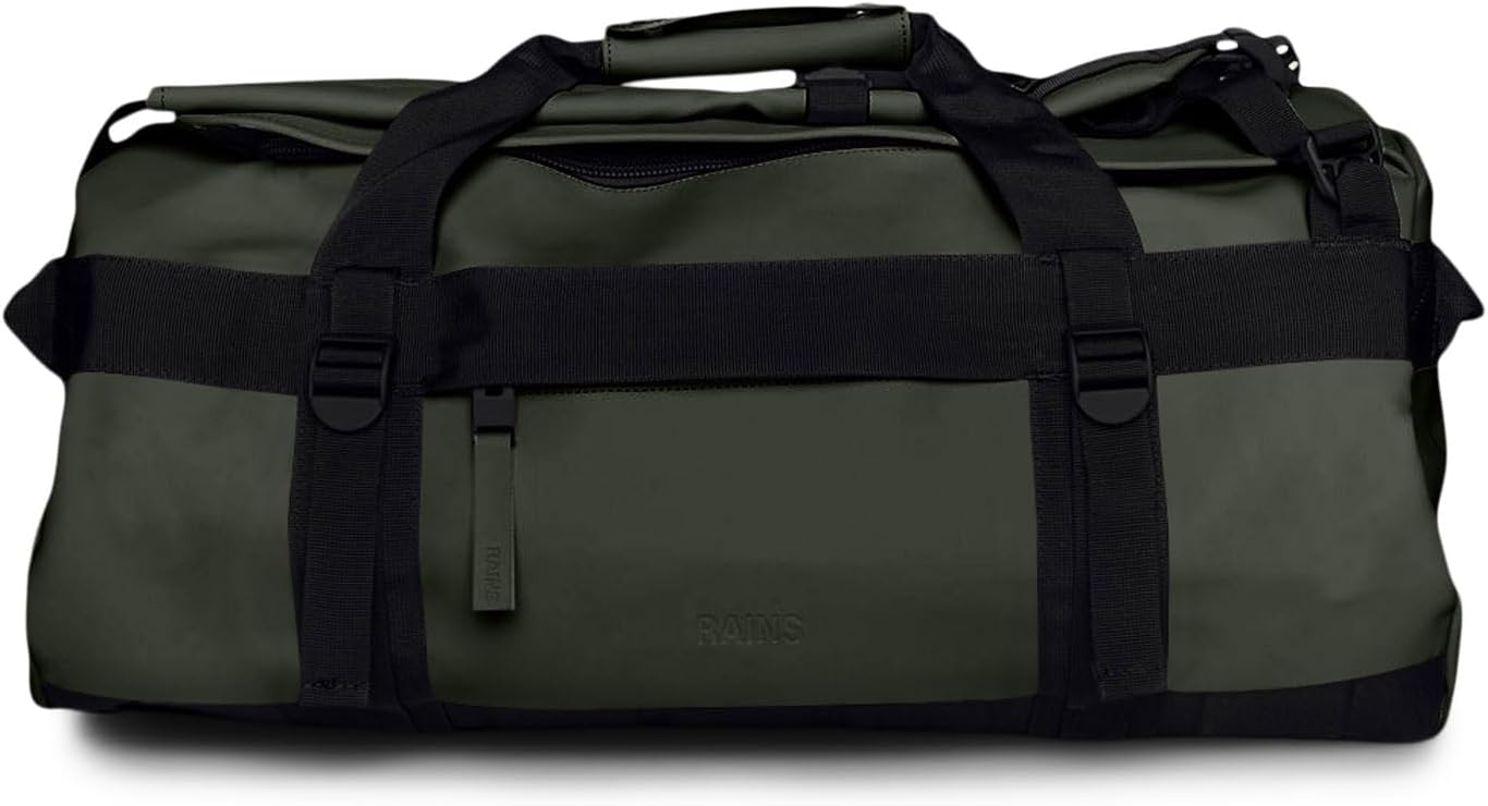 RAINS Texel Duffel Bag Small - Waterproof Green Duffel with U-Shaped Zip Closure, Mesh Pockets, Compression Straps, and Padded Carry Handles - 2 Year Warranty