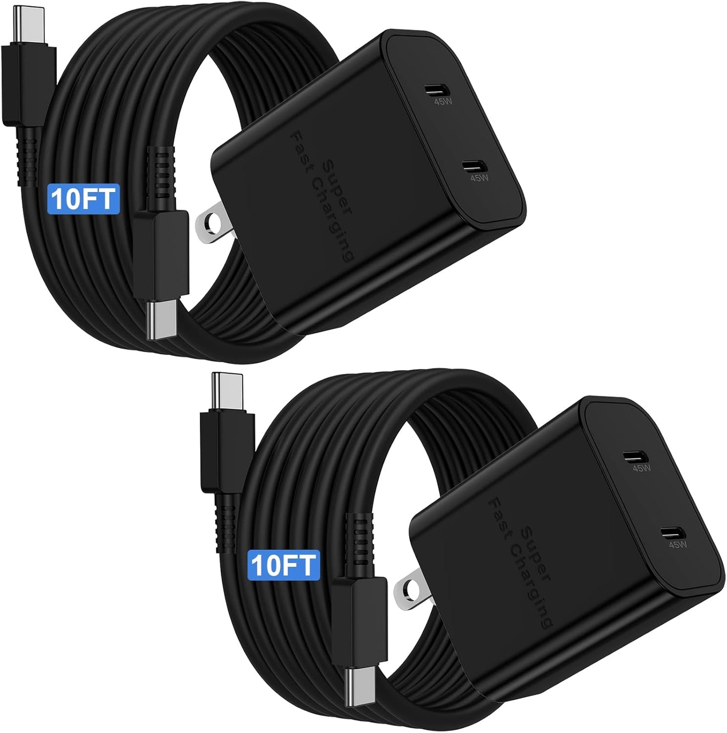 Dual Port 45W Super Fast Charger and Long USB C to C Cable 10ft,Type C Block Plug and Android Phone Charging Cord for Samsung Galaxy S25/S24 Ultra/S23+/S22 Plus/S21/S20/Note 20/iPhone 17 16 15 Pro Max