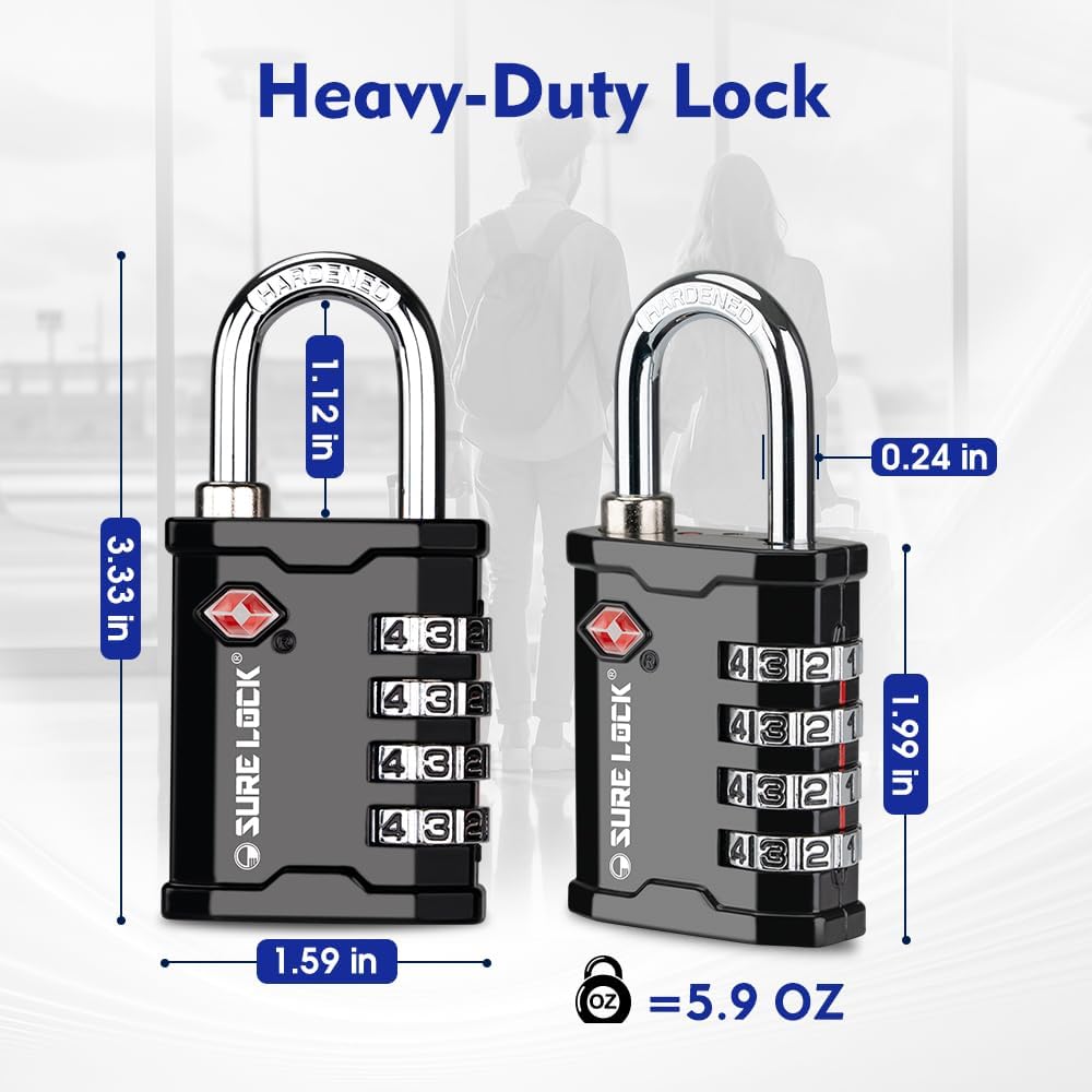 SURE LOCK TSA Accepted Heavy Duty Big Combination Luggage Padlock for Gun Cases, Transporting Equipment Cases in Trade Show, Music and Medical Industries (2, Black)