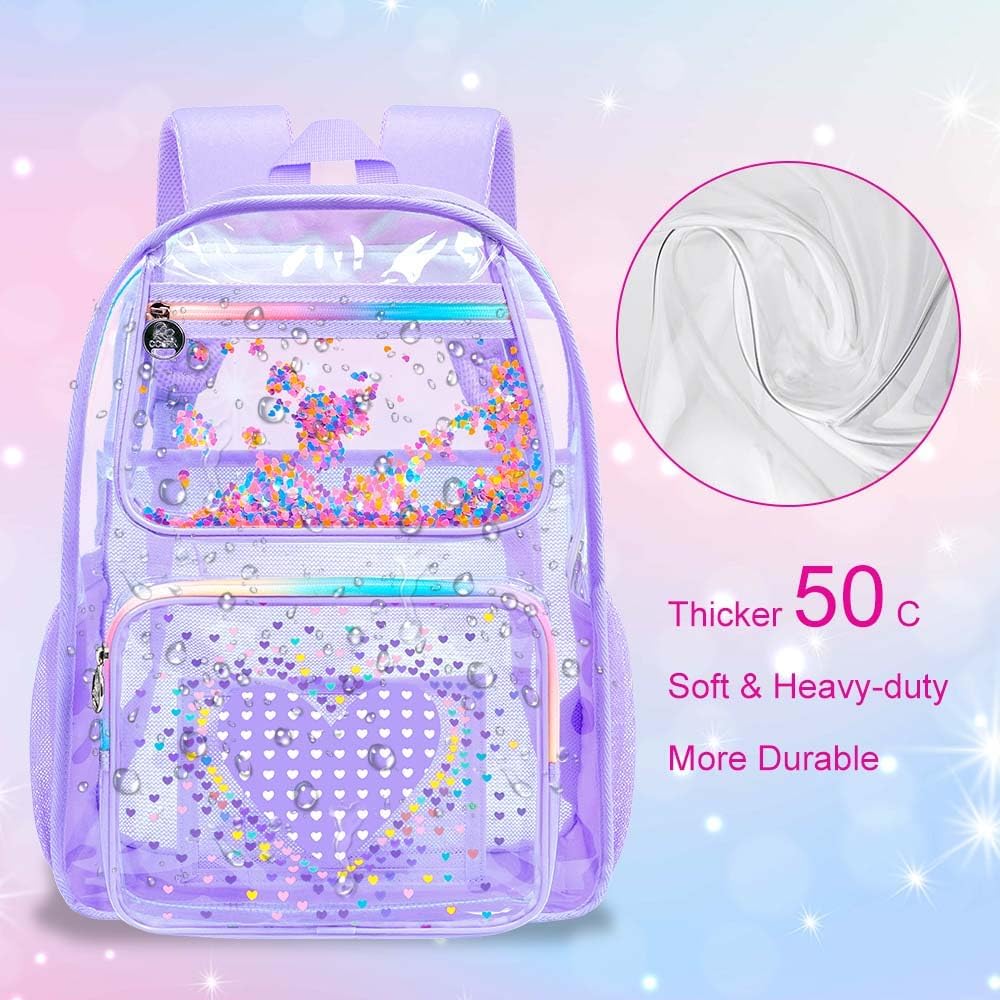 3PCS Girls Clear Backpack Heavy Duty, Cute Sequins See Through School Bag with Handbag, Womens Purple Transparent Bookbag