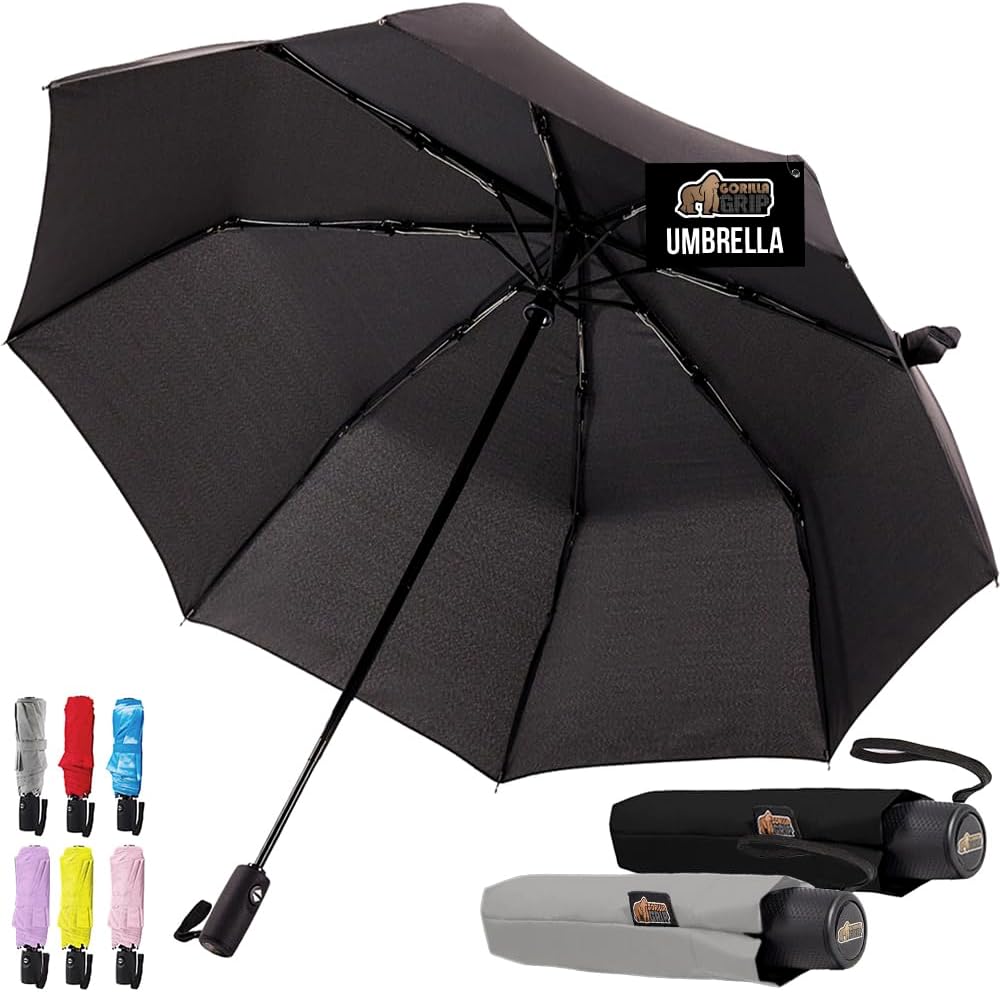 GORILLA GRIP Strong Windproof Stick Compact Umbrella for Rain, 2 PK, One-Click Automatic Open Close, Durable Quick Dry Waterproof Material, Lightweight, Portable, Travel Size Fits Backpack, Black Gray