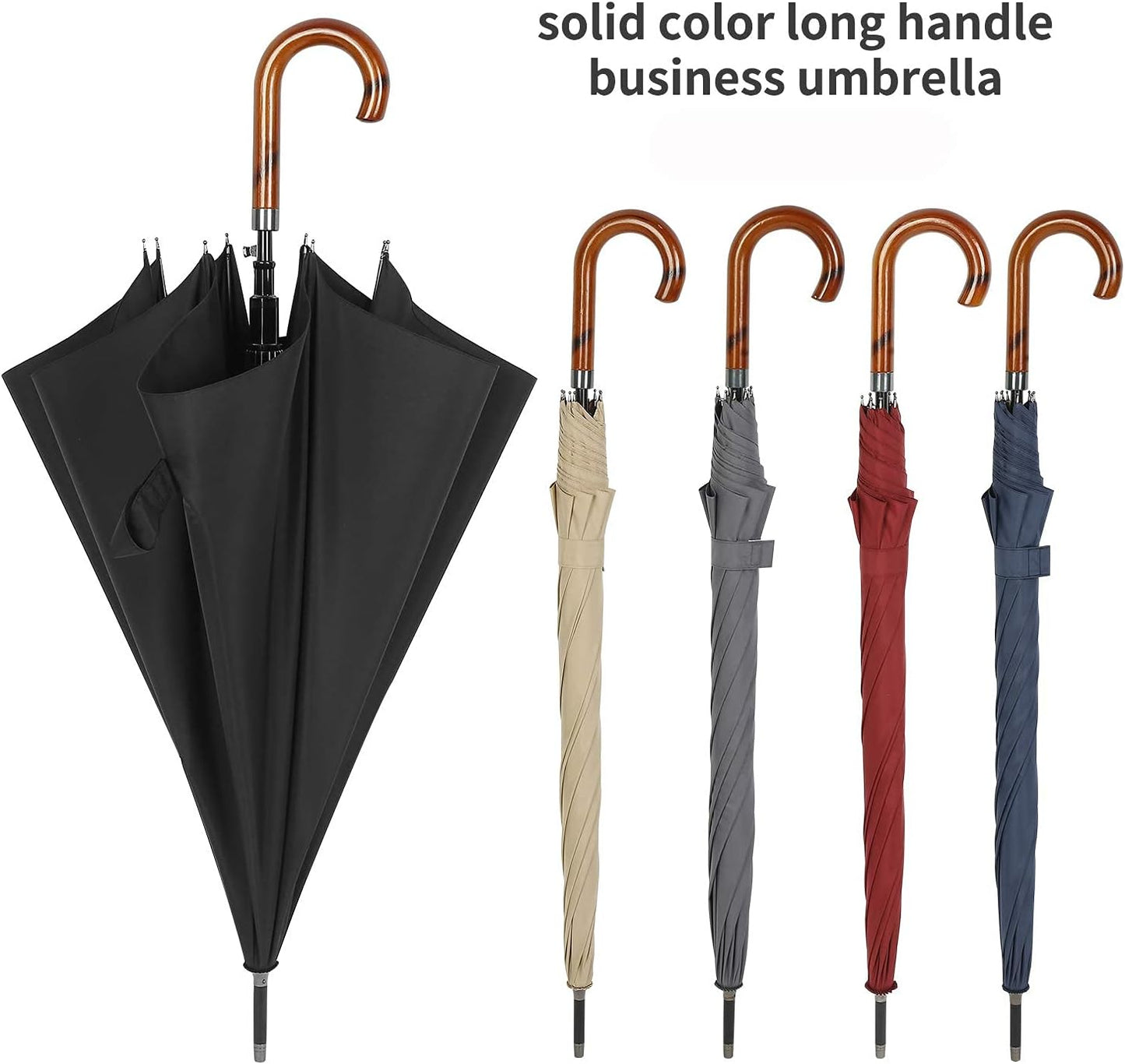 TIME LOVER Stick Umbrella Oversize Windproof Umbrella Wooden Hook Handle J Stick Automatic Open Fast Drying Umbrella for Men Women(Black)
