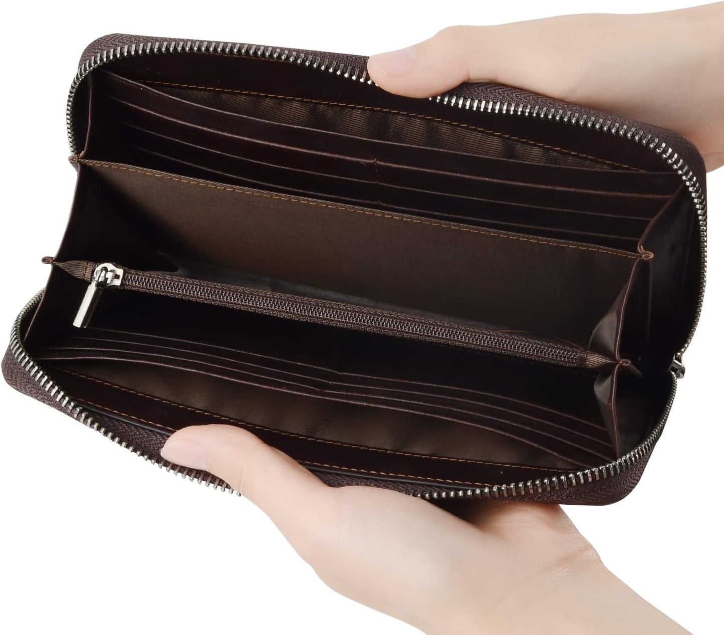 VISOUL Leather Long Zipper Pouch Wallet for Men and Women with RFID Blocking, Large Clutch Cash Long Wallet with Zipper (Coffee)