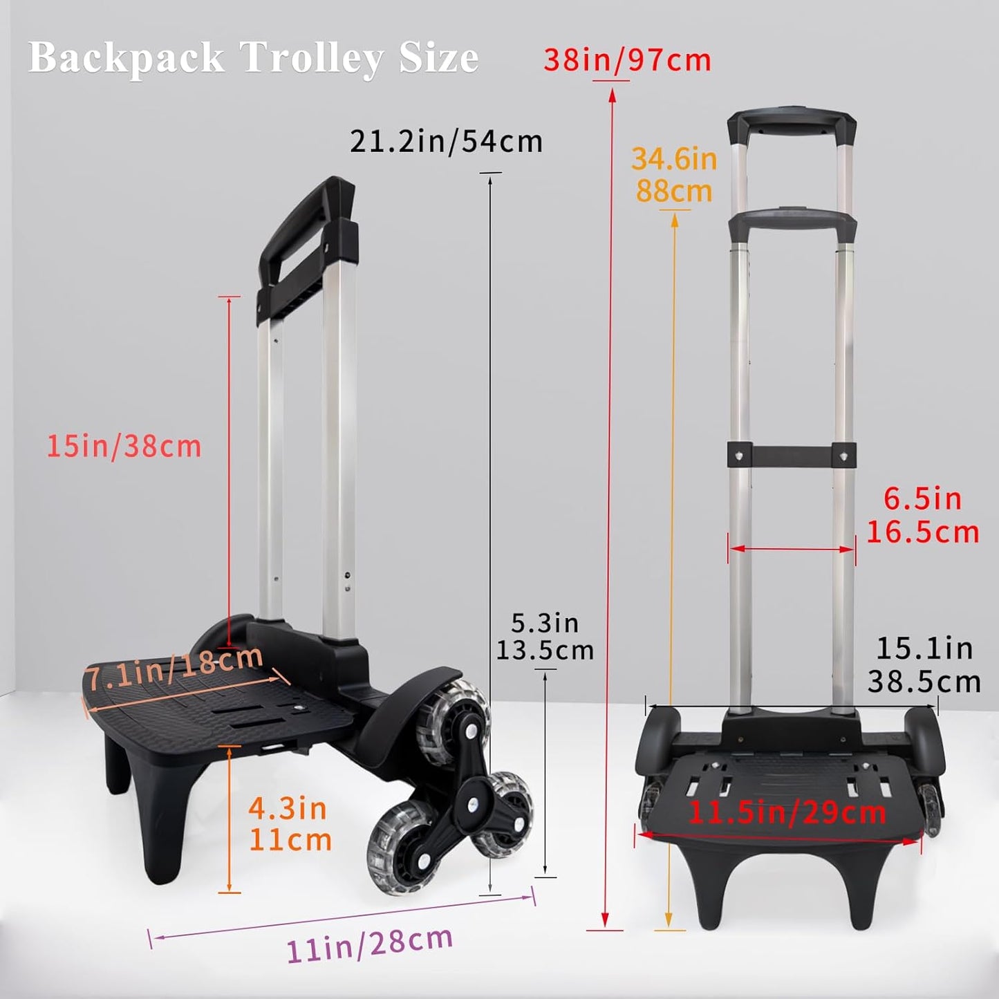 Lightweight Foldable Backpack Trolley – Black 3-Wheel Rolling Hand Truck with Strap, Portable