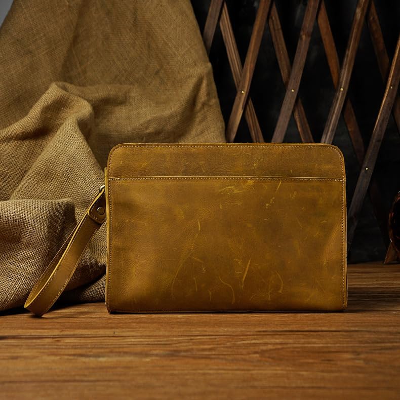 Vintage Crazy Horse Leather Business Briefcase - Under Arm Clutch Bag with Tablet Case & Organizer