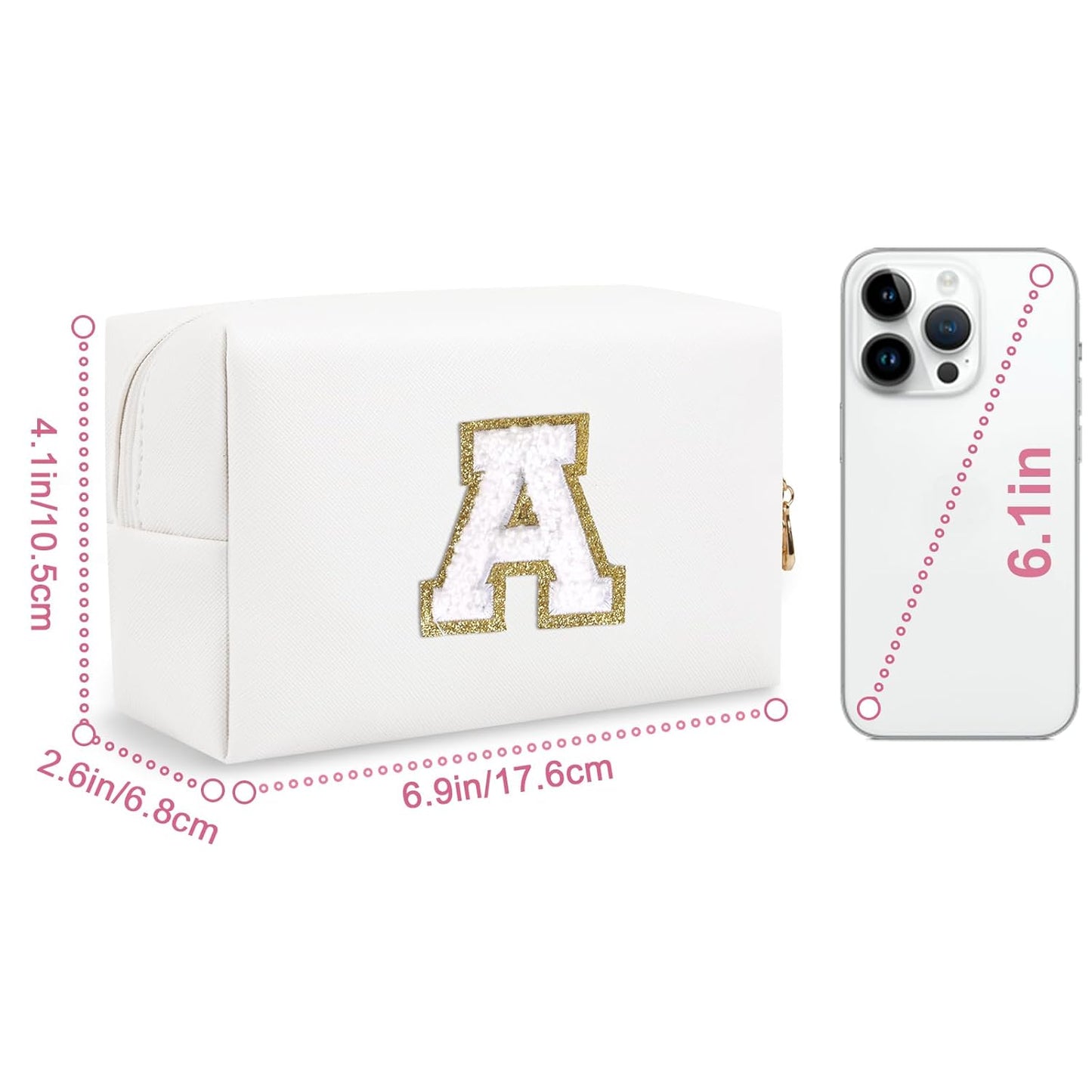 Small Personalized Initial A-Z Preppy Patch Makeup Bag,White PU Chenille Letter Travel Cosmetic Pouch with Zipper,Cute Toiletry Bag,Gift Ideal for Teen Girls Women Teacher Bridesmaid,Letter A