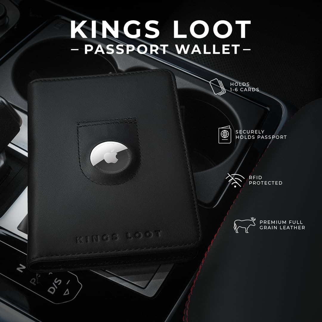 Kings Loot Passport Holder Wallet – RFID Blocking Leather Travel Wallet with Built-in Airtag Holder – Holds 1-6 Cards & Passport – Easy Pull Tab – Slim & Stylish Wallets (Onyx Black)