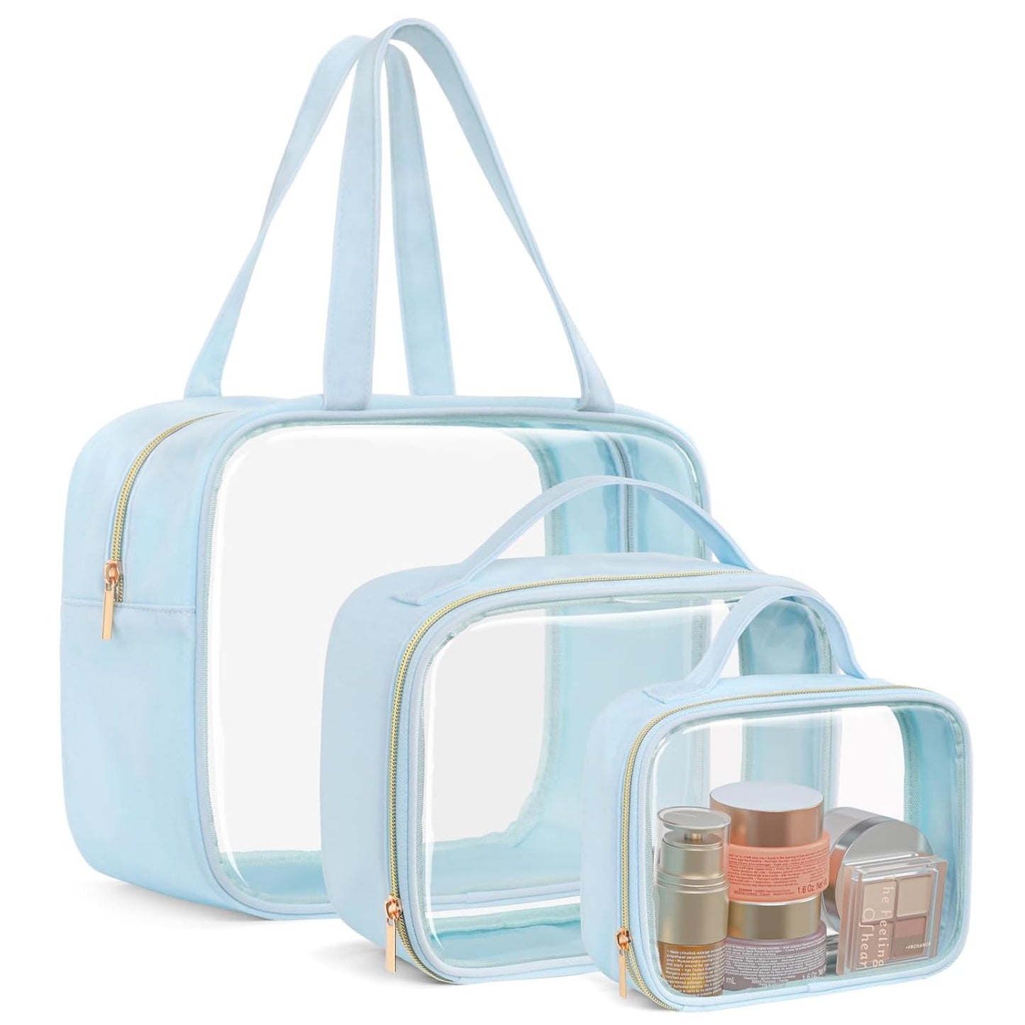 PACKISM Clear Makeup Bag - 3 Pack TSA Approved Toiletry Bag with Handle and 180° Large Opening