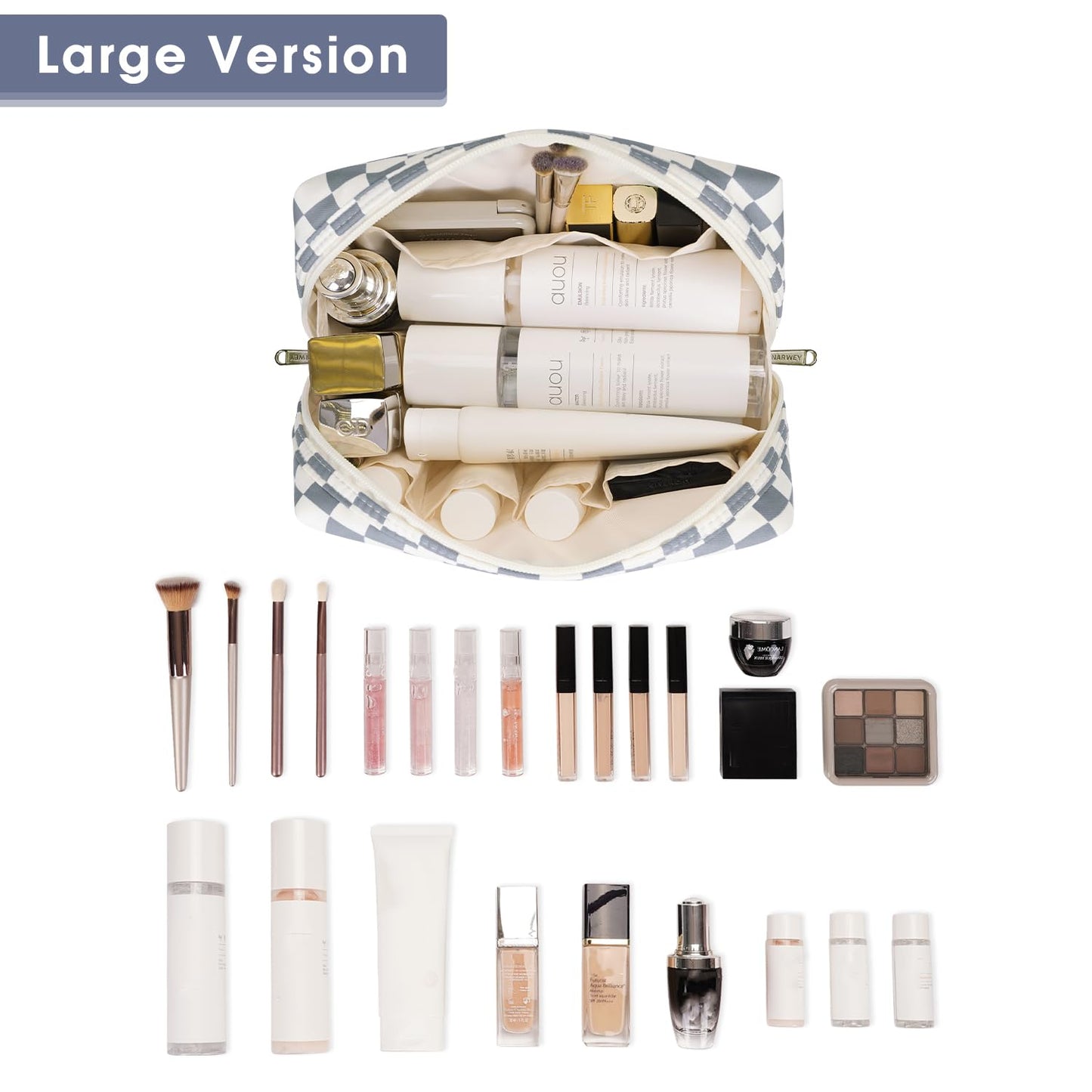 Narwey Checkered Makeup Bag Travel Cosmetic Bag Organizer Toiletry Bag Make Up Bags with Compartments for Women Girls (Large, Grayish Blue Checkerboard)
